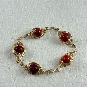 VTG‎ 70s Wire Wrapped Bracelet Red Marbled Beads Handmade Boho Hippie Artisan
